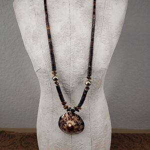Vintage Shell Pendant Brown Heishi Beaded Necklace
